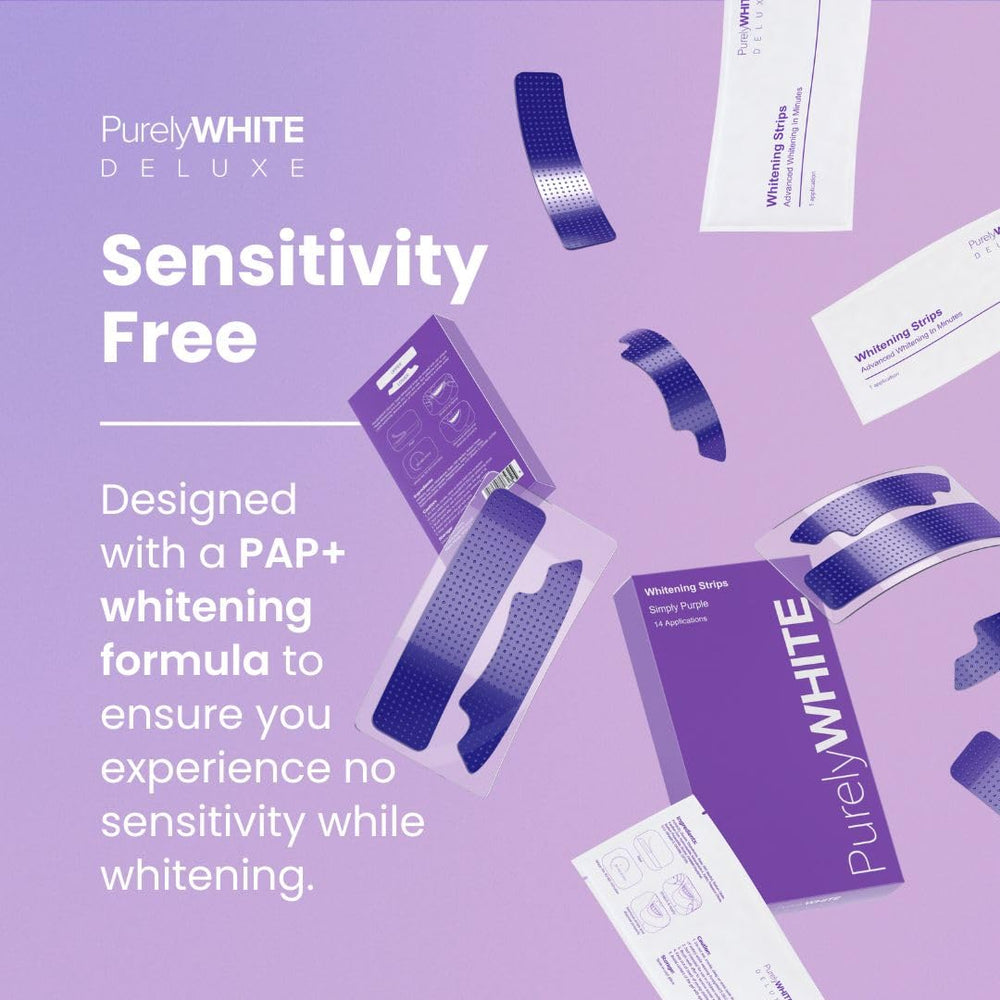 Close-up of PurelyWHITE DELUXE purple strips being applied to teeth.