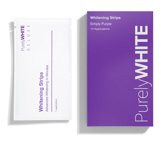 PurelyWHITE DELUXE purple strips packaging ready for at-home whitening.