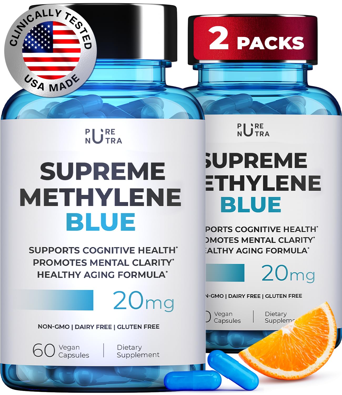 PureNutra Methylene Blue capsules bottle pour for easy daily dosing