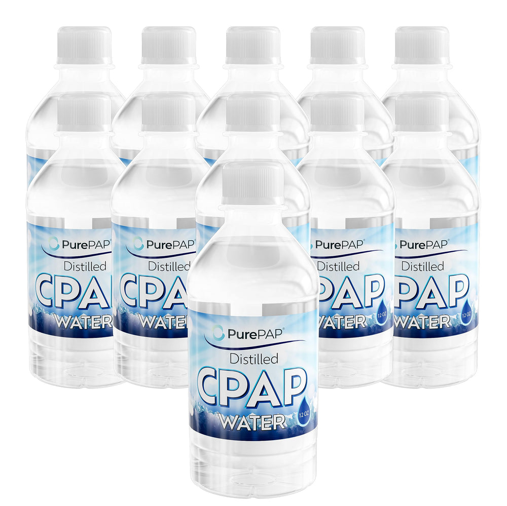 PurePAP distilled water bottle pour for CPAP machines and travel.
