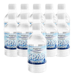 PurePAP distilled water bottle pour for CPAP machines and travel.