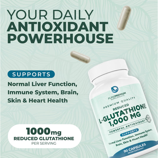 PurePremium glutathione capsules close-up showing two-capsule daily dose