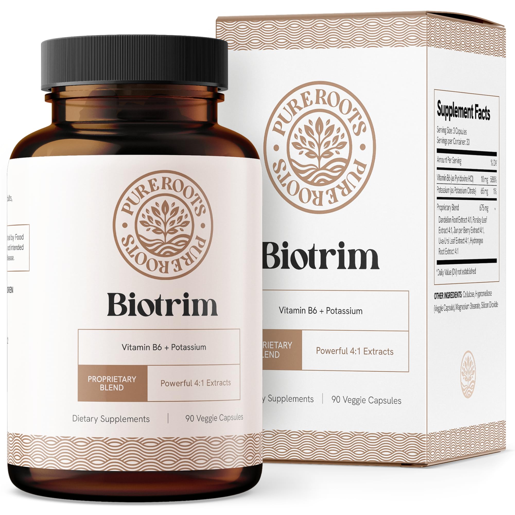 PureRoots Biotrim bottle close-up highlighting convenient natural diuretic support for leg comfort