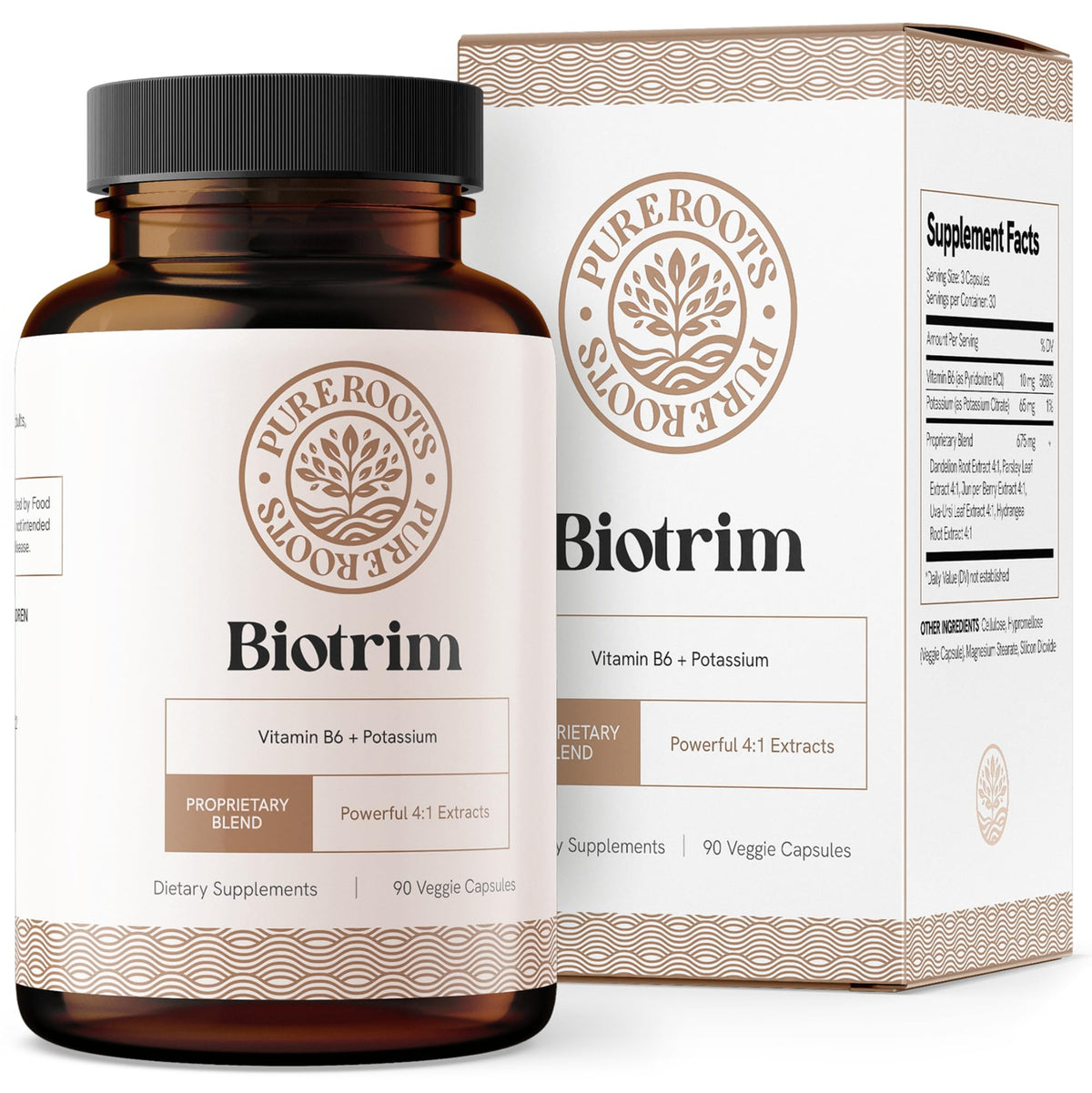 PureRoots Biotrim bottle close-up highlighting convenient natural diuretic support for leg comfort
