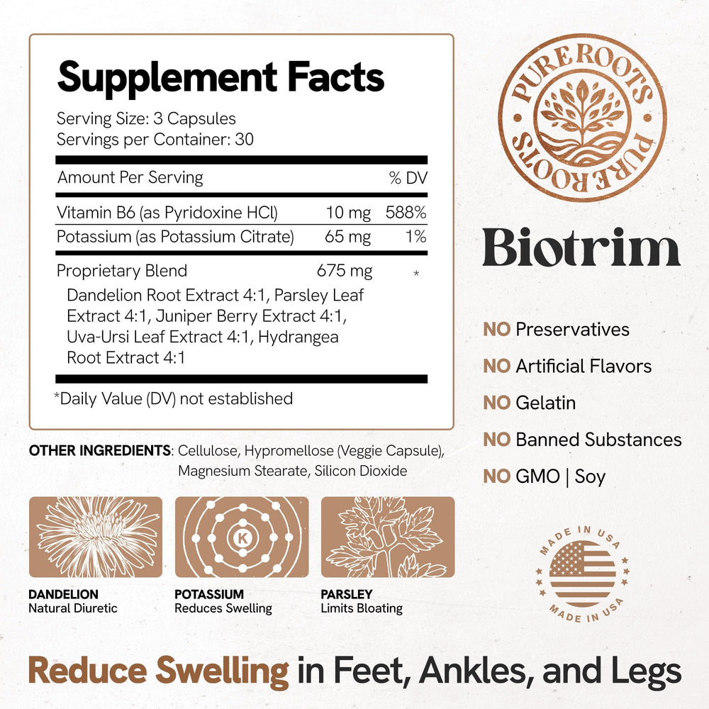 PureRoots Biotrim swollen feet imagery suggesting potential relief for leg swelling