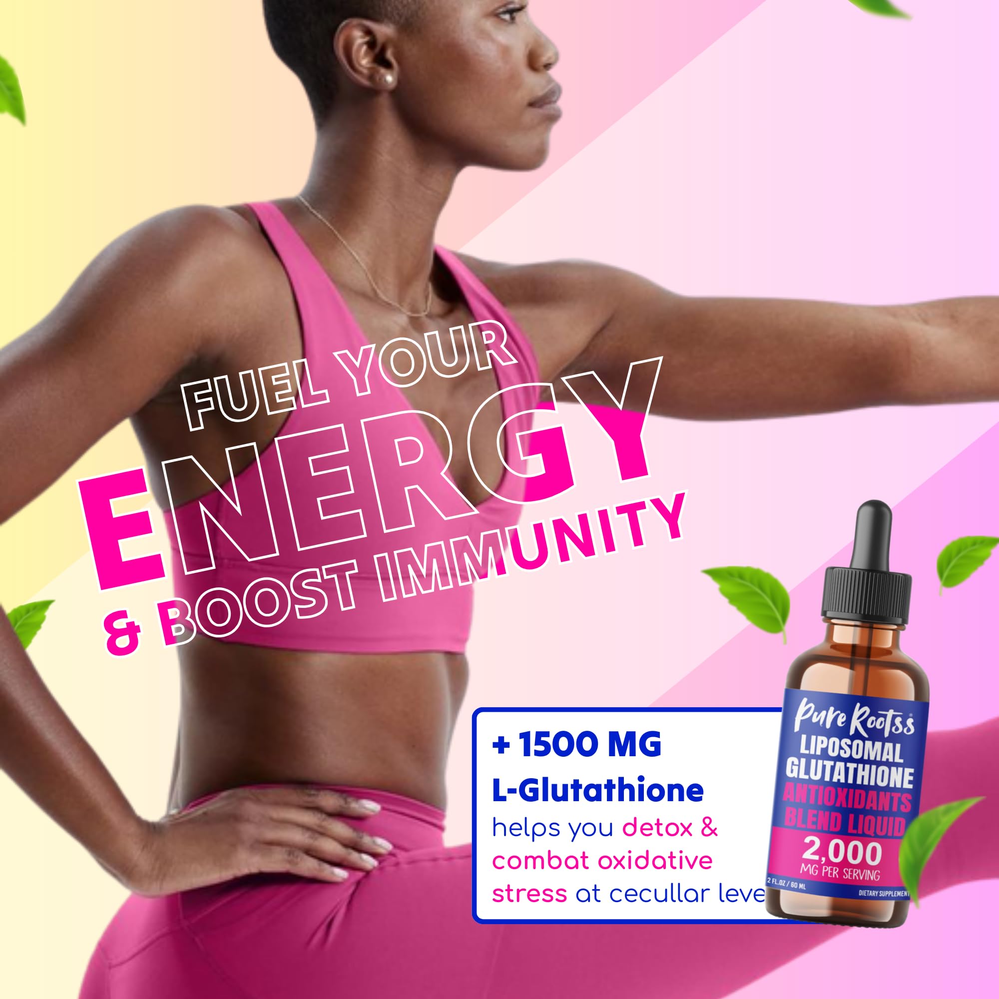 PureRootss Liposomal Glutathione bottle close-up highlights the 2 mL dropper.