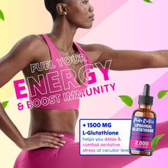PureRootss Liposomal Glutathione bottle close-up highlights the 2 mL dropper.