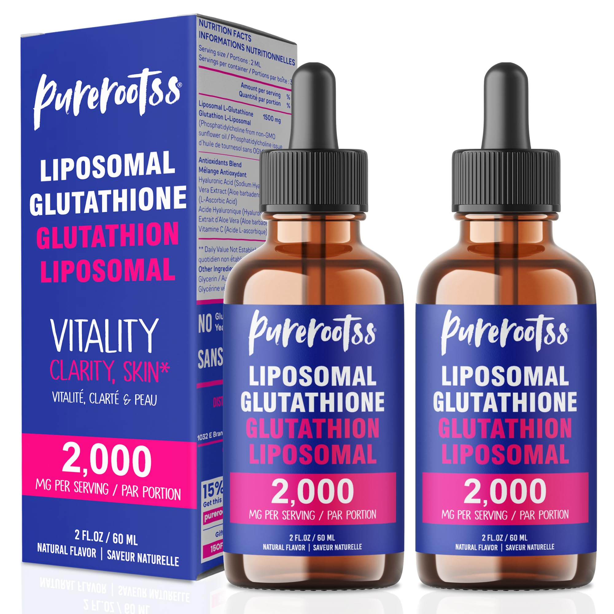PureRootss Liposomal Glutathione bottle front shows high-potency antioxidant formula.