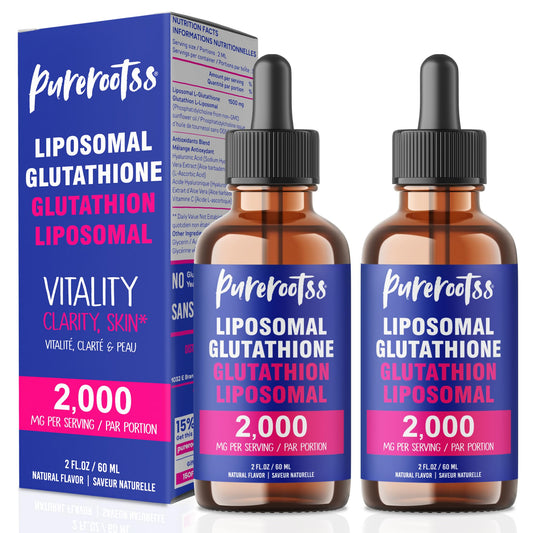 PureRootss Liposomal Glutathione bottle front shows high-potency antioxidant formula.