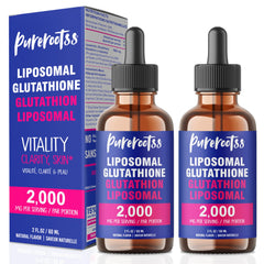 PureRootss Liposomal Glutathione bottle front shows high-potency antioxidant formula.
