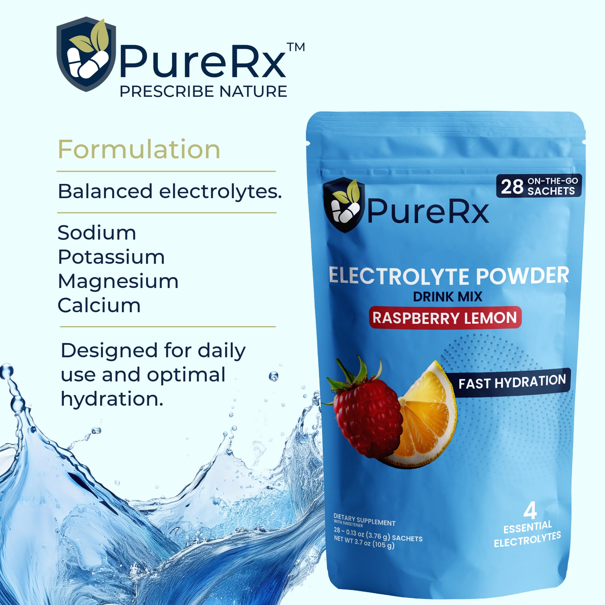 PureRx powder dissolving in water to create a refreshing raspberry lemon drink