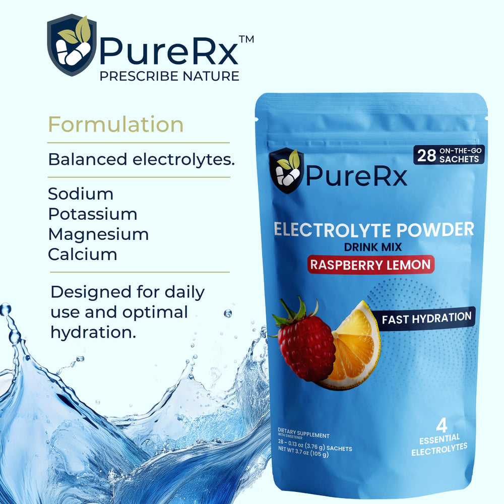 PureRx powder dissolving in water to create a refreshing raspberry lemon drink