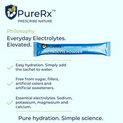 PureRx label close up highlighting brand and electrolytes