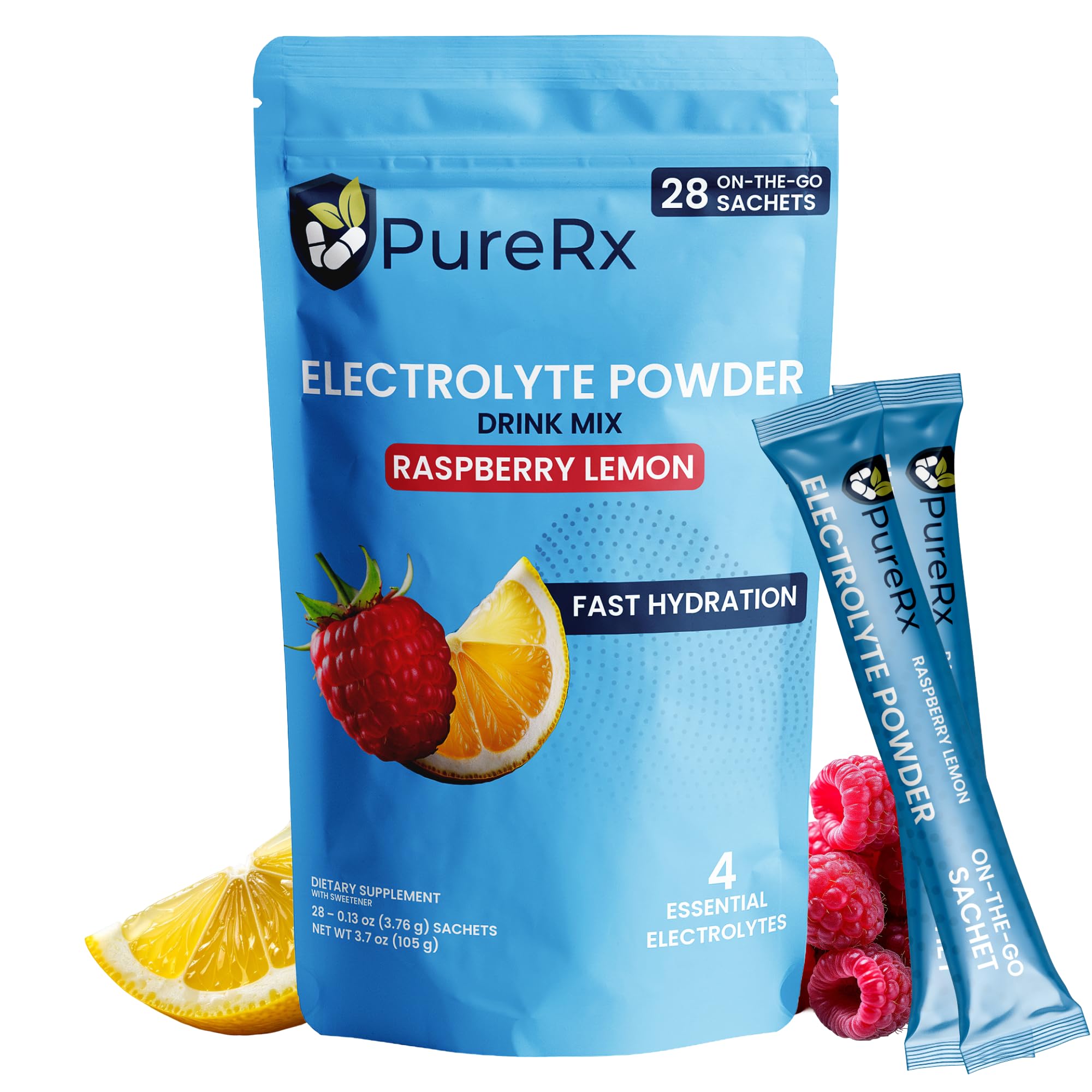 PureRx electrolyte sachets front view with raspberry lemon flavor for daily hydration