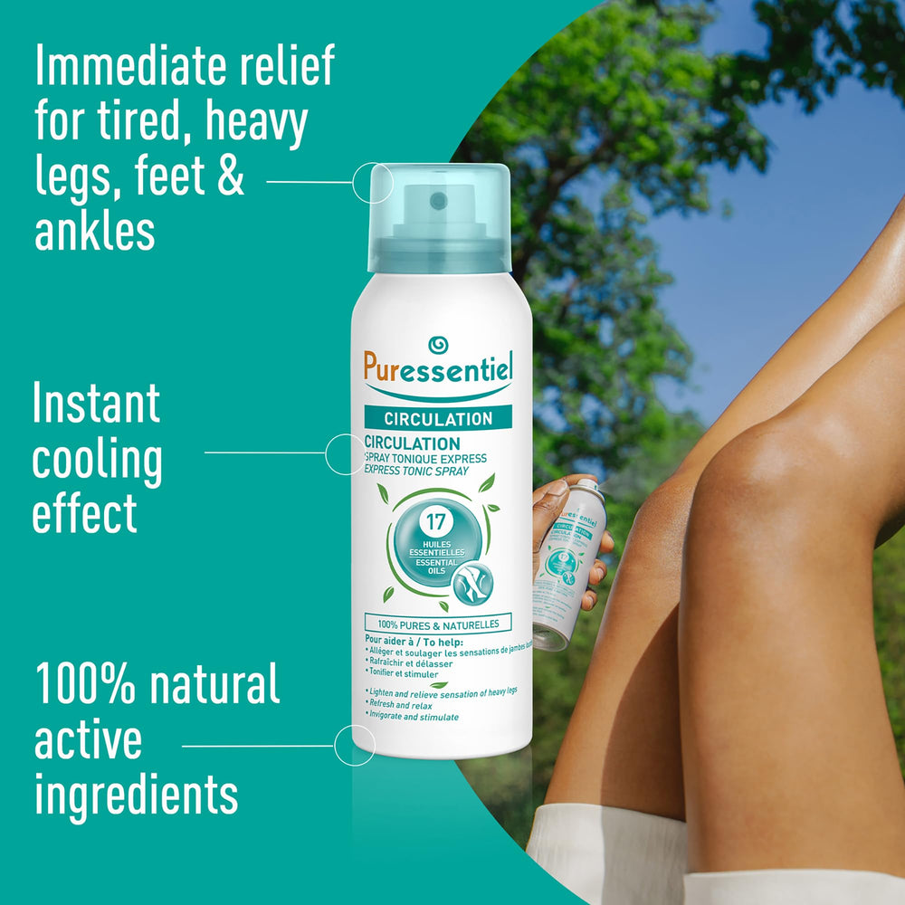 Puressentiel Circulation Spray mist dispense for on-the-go leg support.