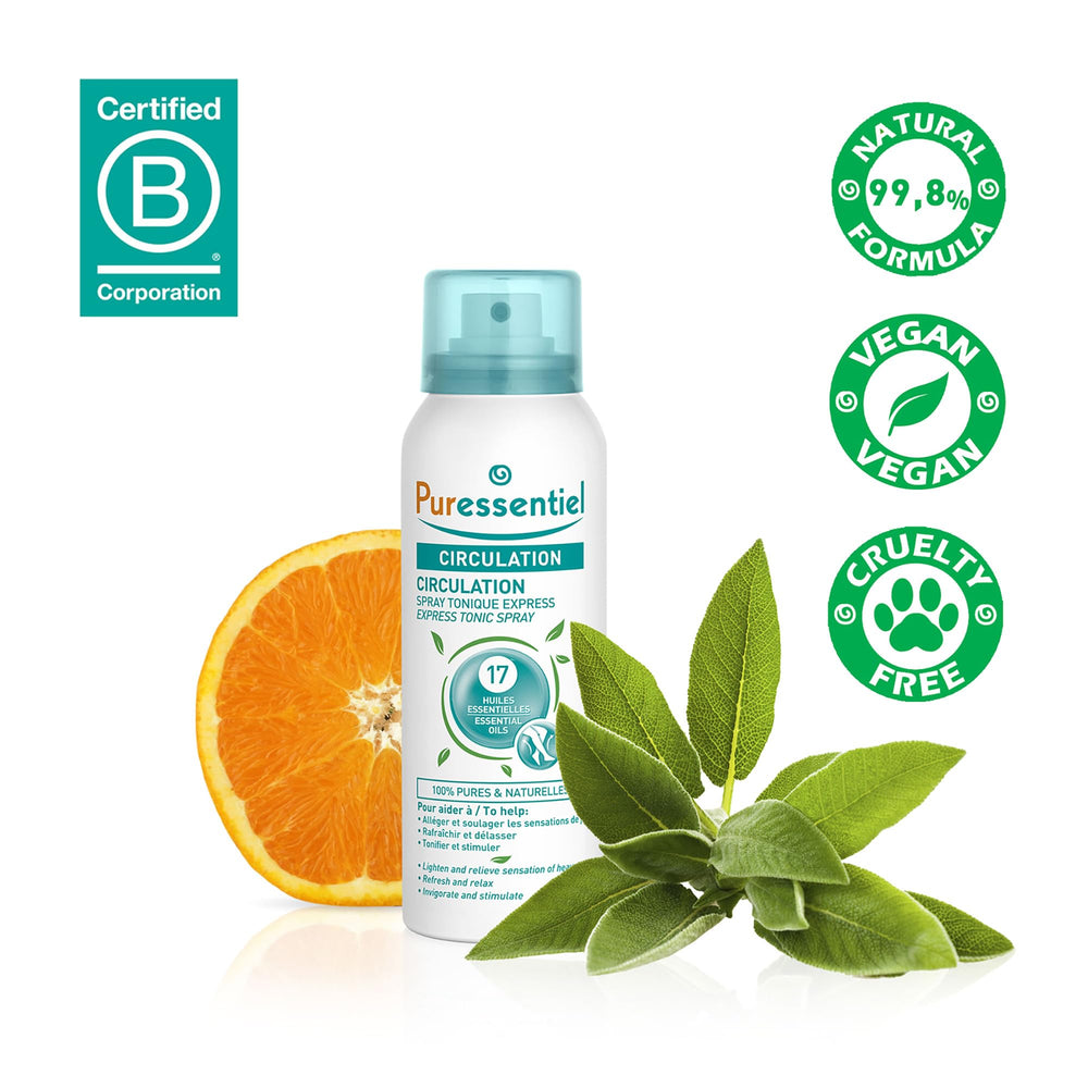 Puressentiel Circulation Spray delivers a refreshing skin feel.