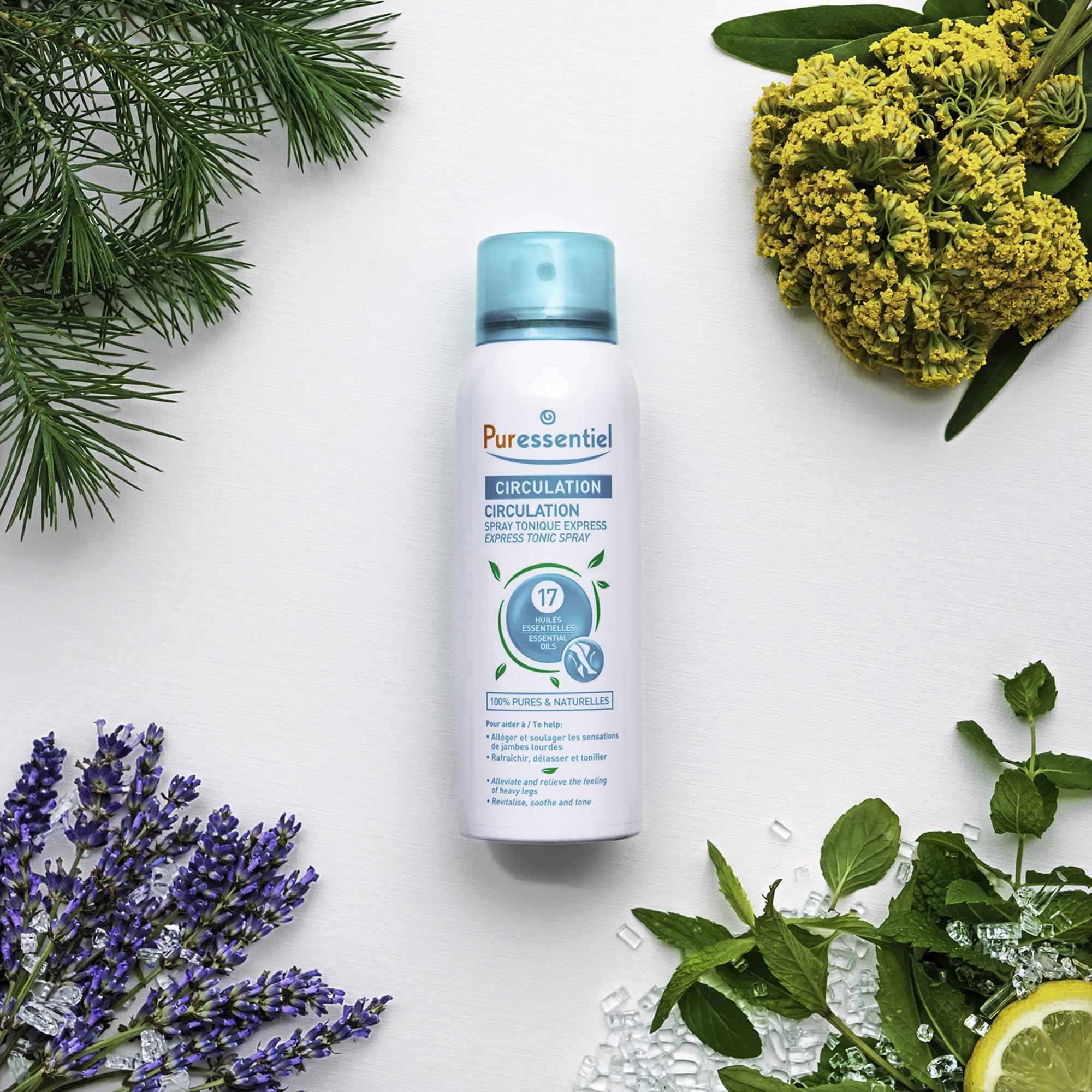Puressentiel Circulation Spray vegan formula supports clean leg care.