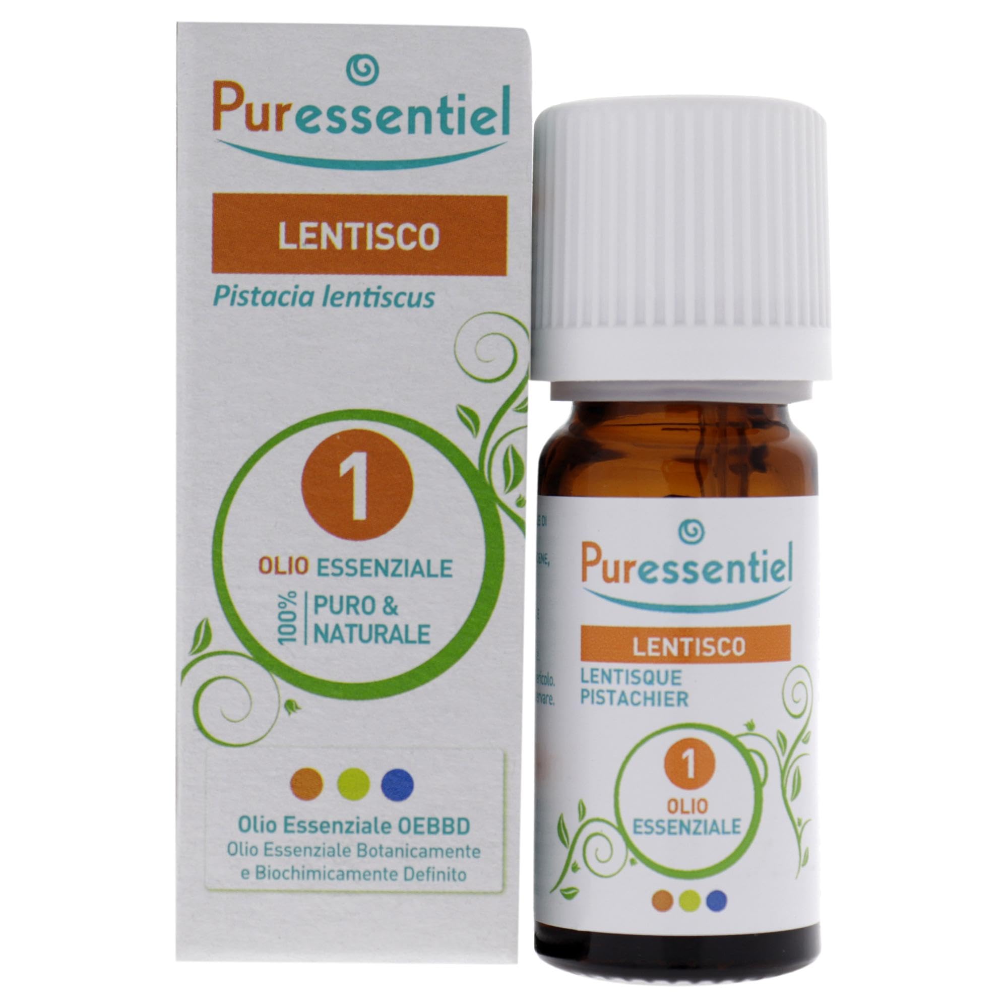 Puressentiel Pistachio Tree Oil bottle releasing a rich, uplifting aroma for mood support.