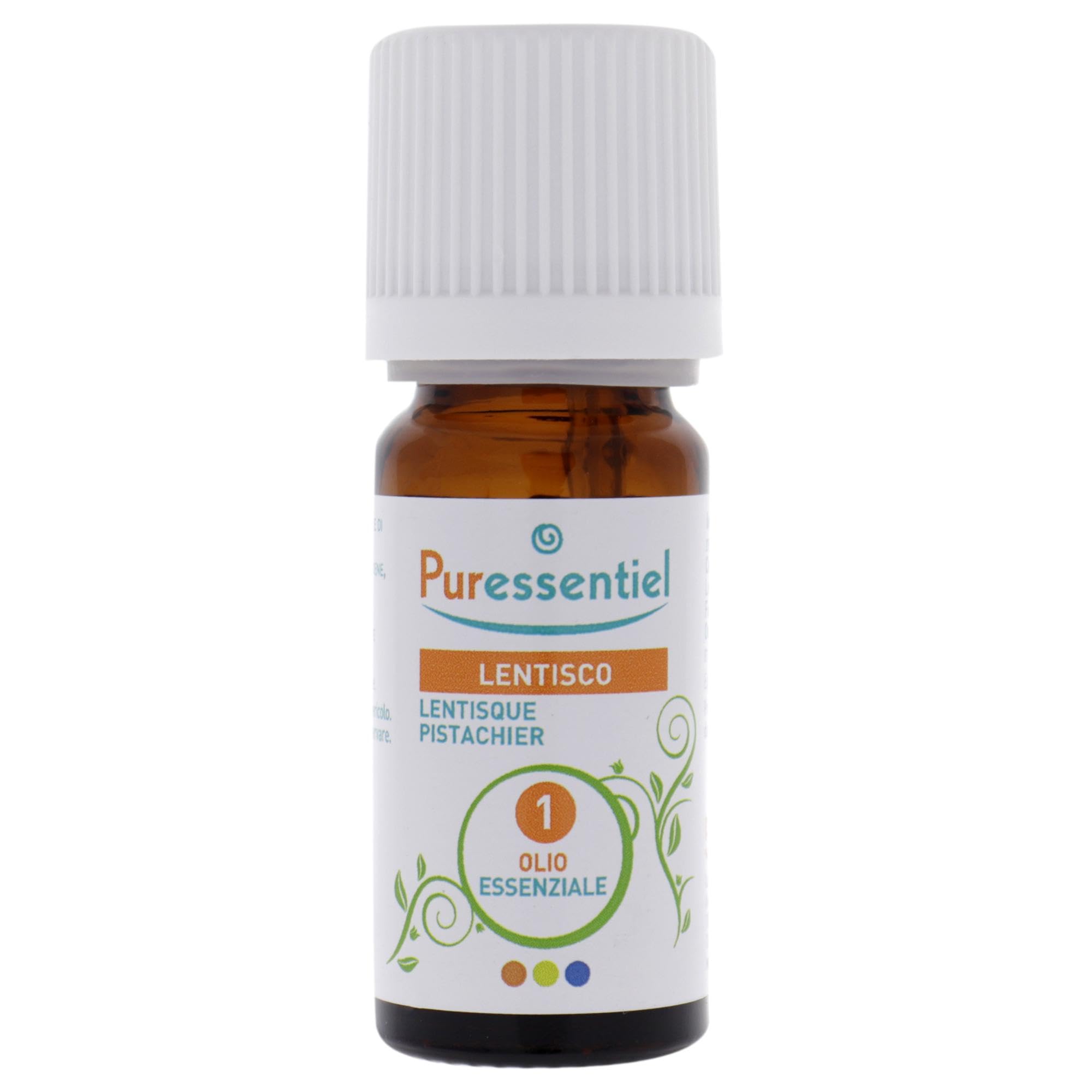 Close-up of Puressentiel Pistachio Tree Oil label emphasizing organic purity.