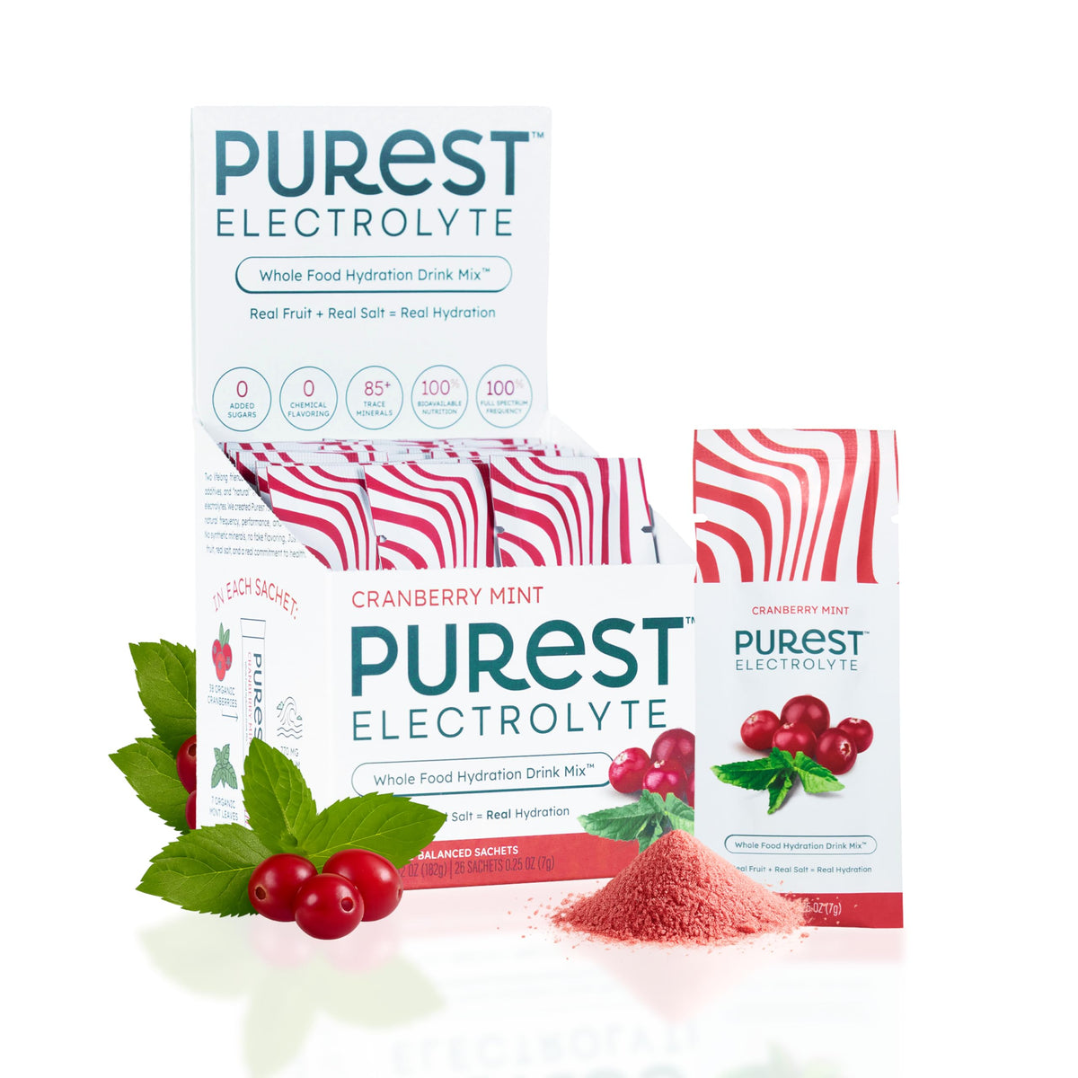 Purest Electrolyte cranberry-mint packets front view, zero sugar hydration option.