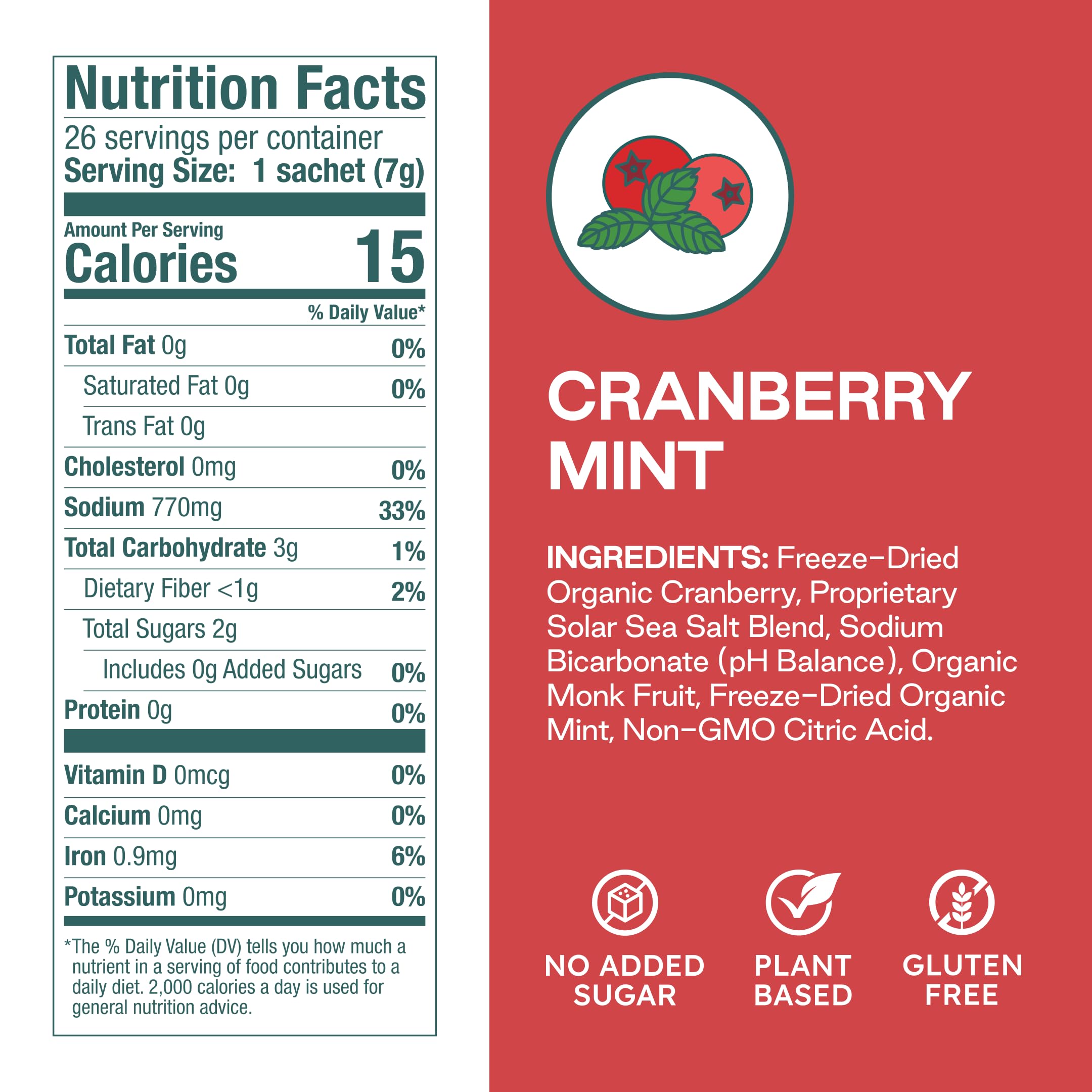 Purest Electrolyte cranberry-mint packets label close-up, organic ingredients highlighted.