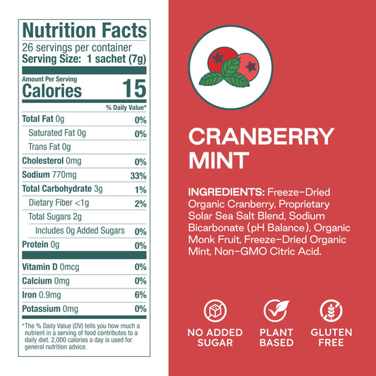 Purest Electrolyte cranberry-mint packets label close-up, organic ingredients highlighted.