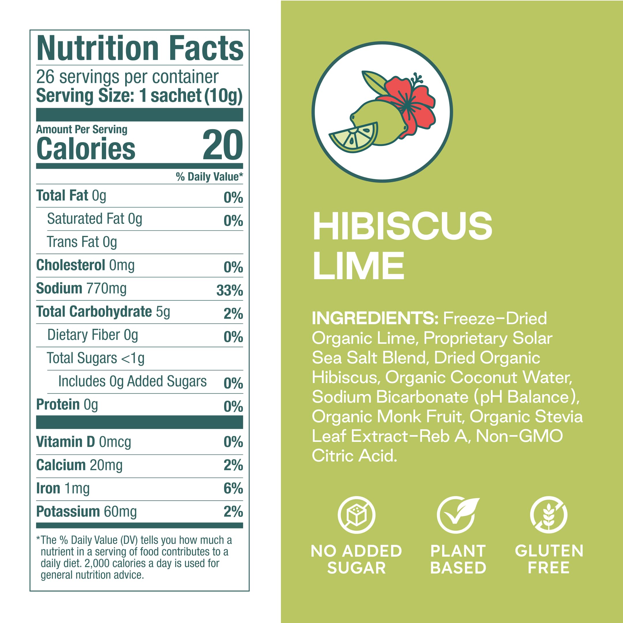 Purest Electrolyte hibiscus lime ingredients closeup highlighting organic botanicals.