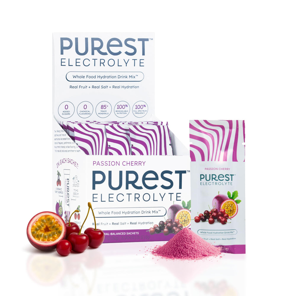Purest Electrolyte Passion Cherry packets front view for quick hydration during workouts.