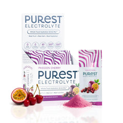 Purest Electrolyte Passion Cherry packets front view for quick hydration during workouts.