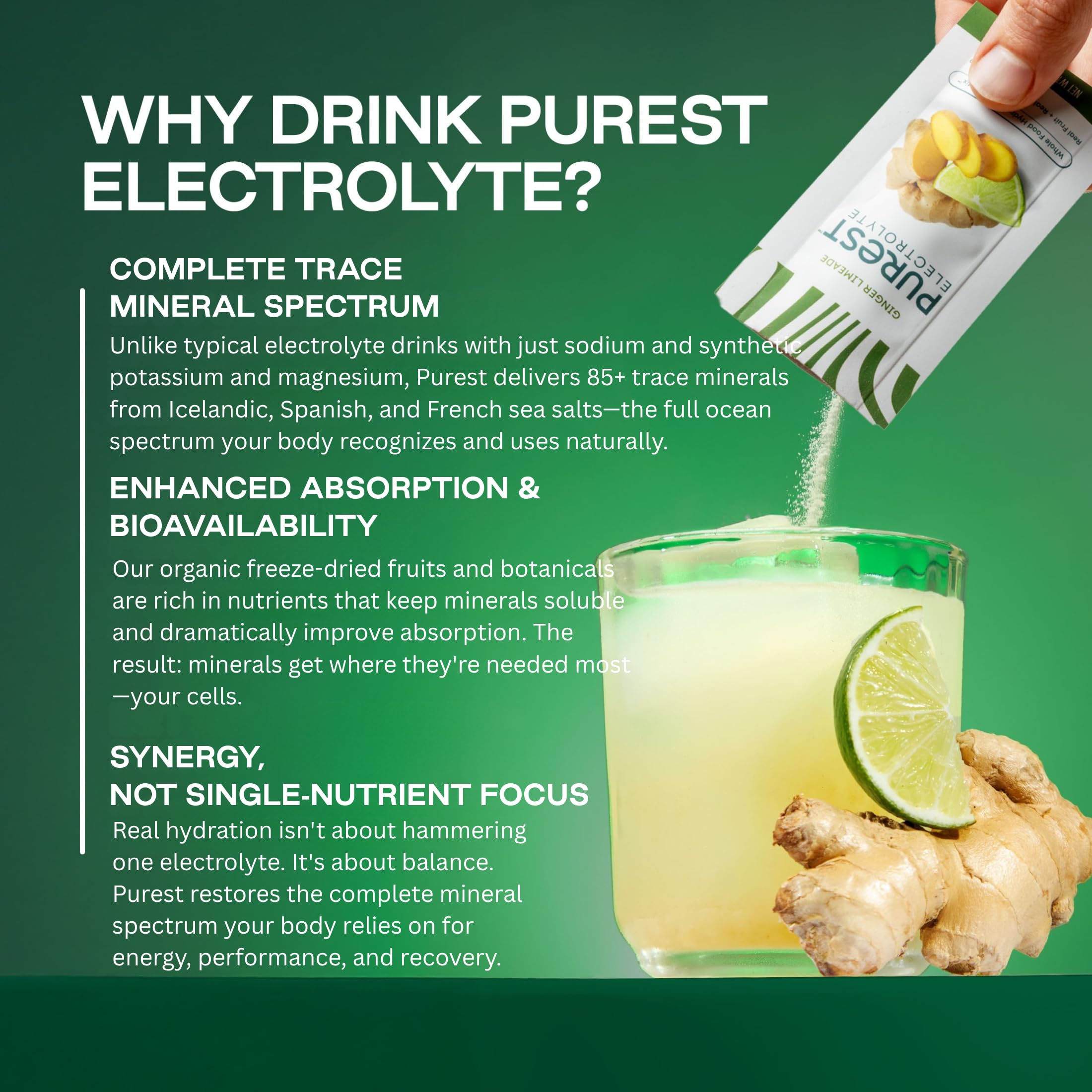 Purest Electrolyte zero-sugar formula supports vegan and gluten-free lifestyles.