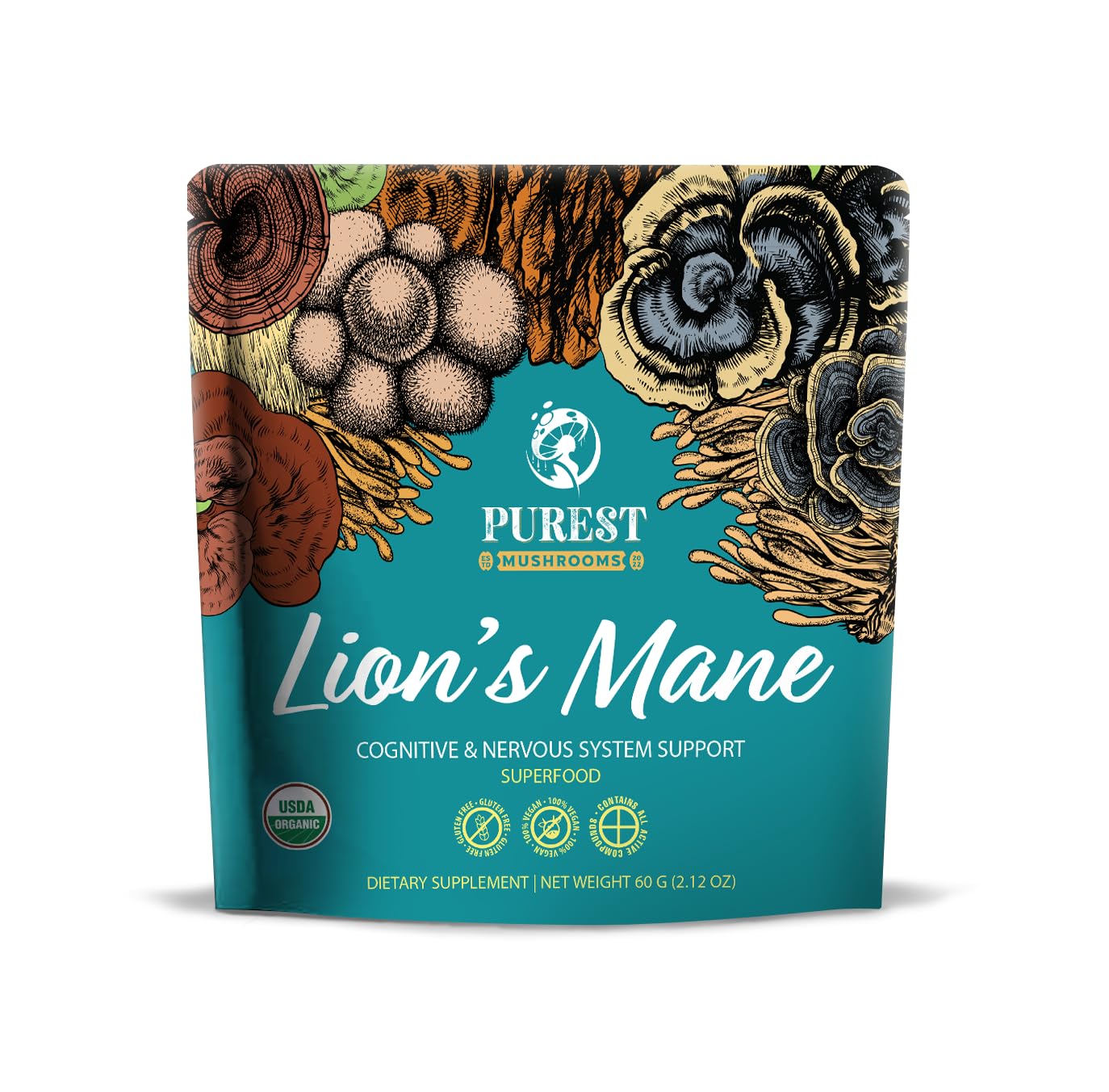 Purest Mushrooms Lion’s Mane powder bottle showing organic quality for daily focus.