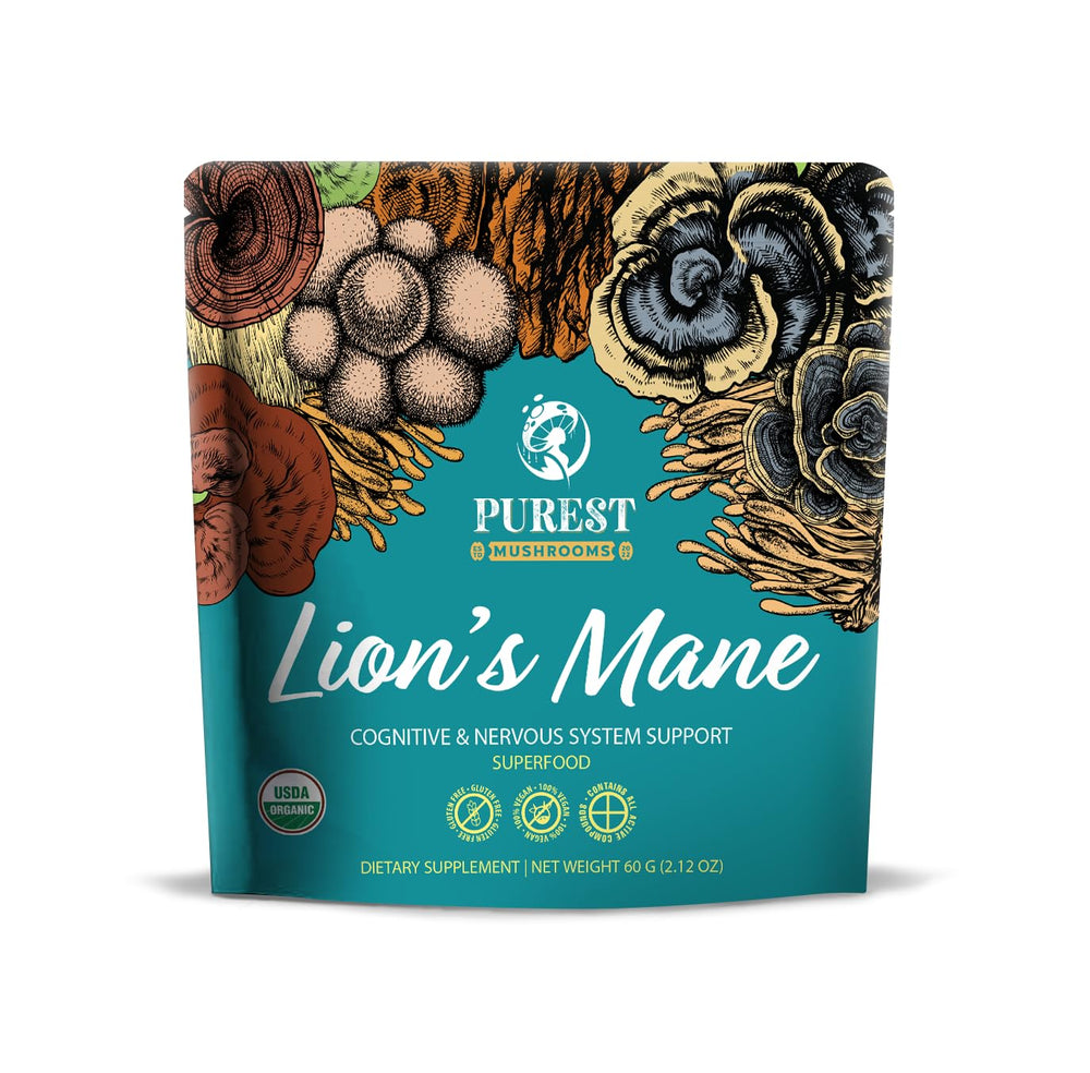 Purest Mushrooms Lion’s Mane powder bottle showing organic quality for daily focus.