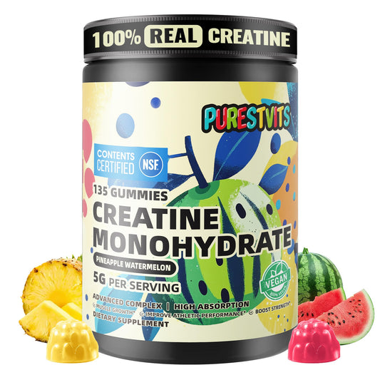 PURESTVITS creatine gummy 5g pineapple-watermelon bottle showcases refreshing flavor for workouts.