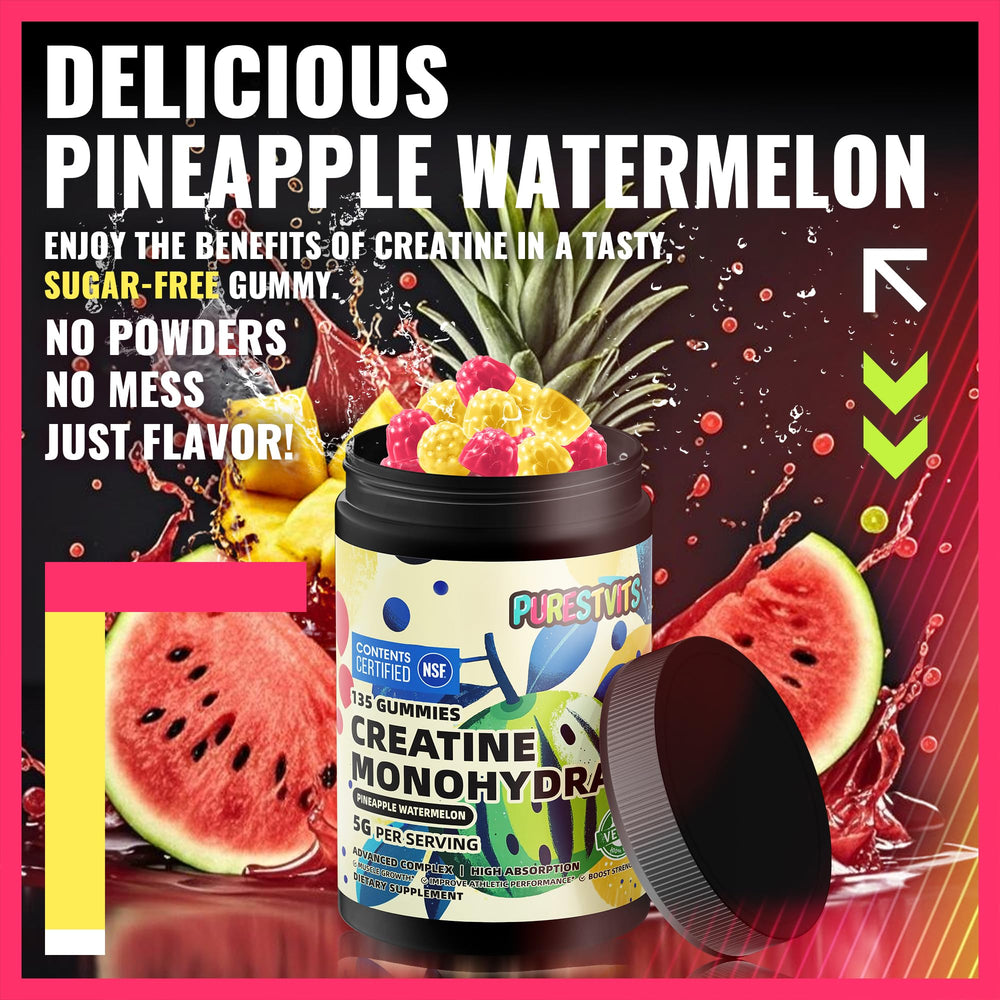 PURESTVITS creatine gummy close-up shows sugar-free vegan formula.