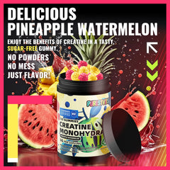 PURESTVITS creatine gummy close-up shows sugar-free vegan formula.