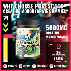 PURESTVITS creatine gummy label emphasizes GMP quality.