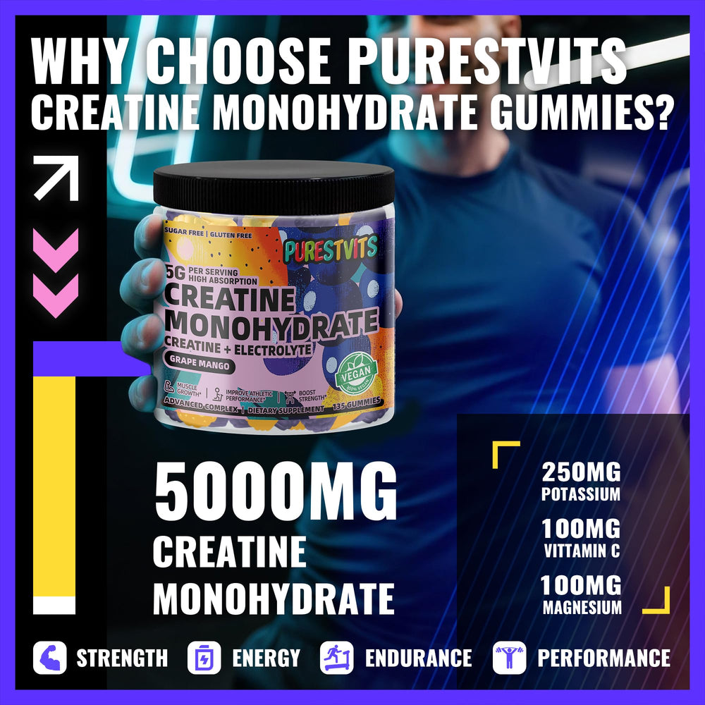 PURESTVITS Creatine Monohydrate Gummies bottle back with ingredients and quality