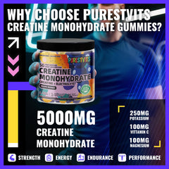 PURESTVITS Creatine Monohydrate Gummies bottle back with ingredients and quality