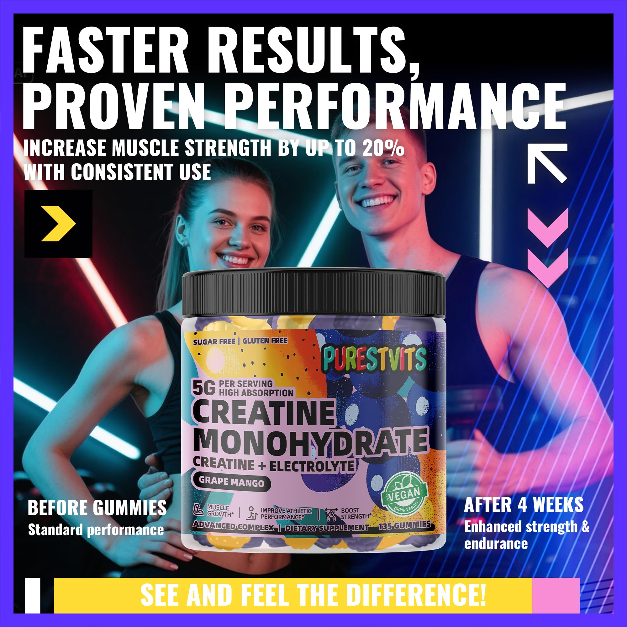 Close-up of grape mango flavor gummies from PURESTVITS creatine monohydrate line
