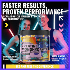 Close-up of grape mango flavor gummies from PURESTVITS creatine monohydrate line