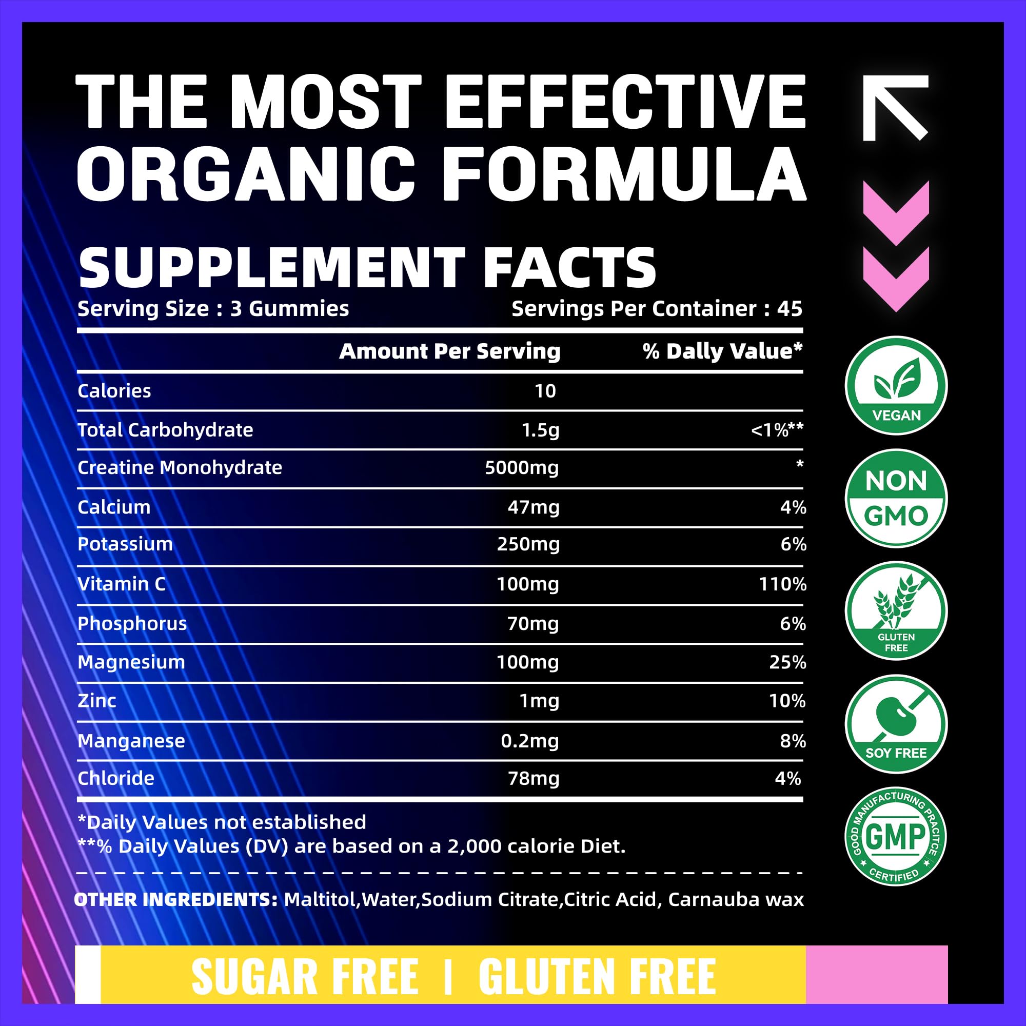 Serving of PURESTVITS Creatine Monohydrate Gummies shows 3 gummies per serving