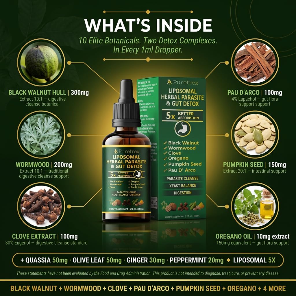 PURETREX Black Walnut and Wormwood ingredients highlight traditional cleansing blend.