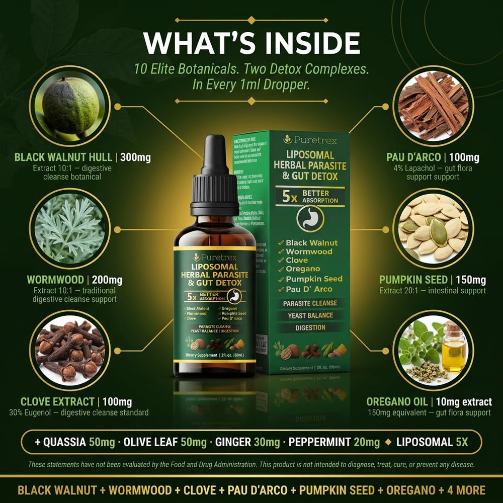 PURETREX Black Walnut and Wormwood ingredients highlight traditional cleansing blend.