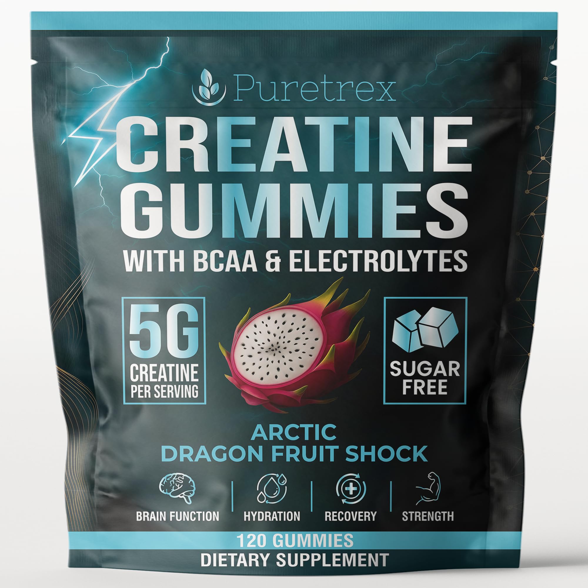 PURETREX Creatine Gummies bottle front showing Arctic Dragon Fruit flavor for on-the-go workouts.