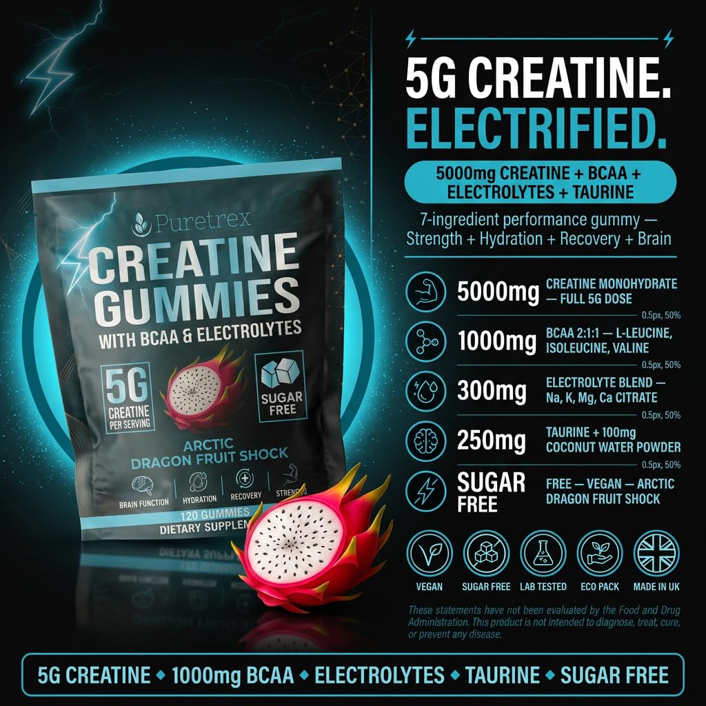 PURETREX Creatine Gummies close-up texture highlighting chewy consistency after workouts.