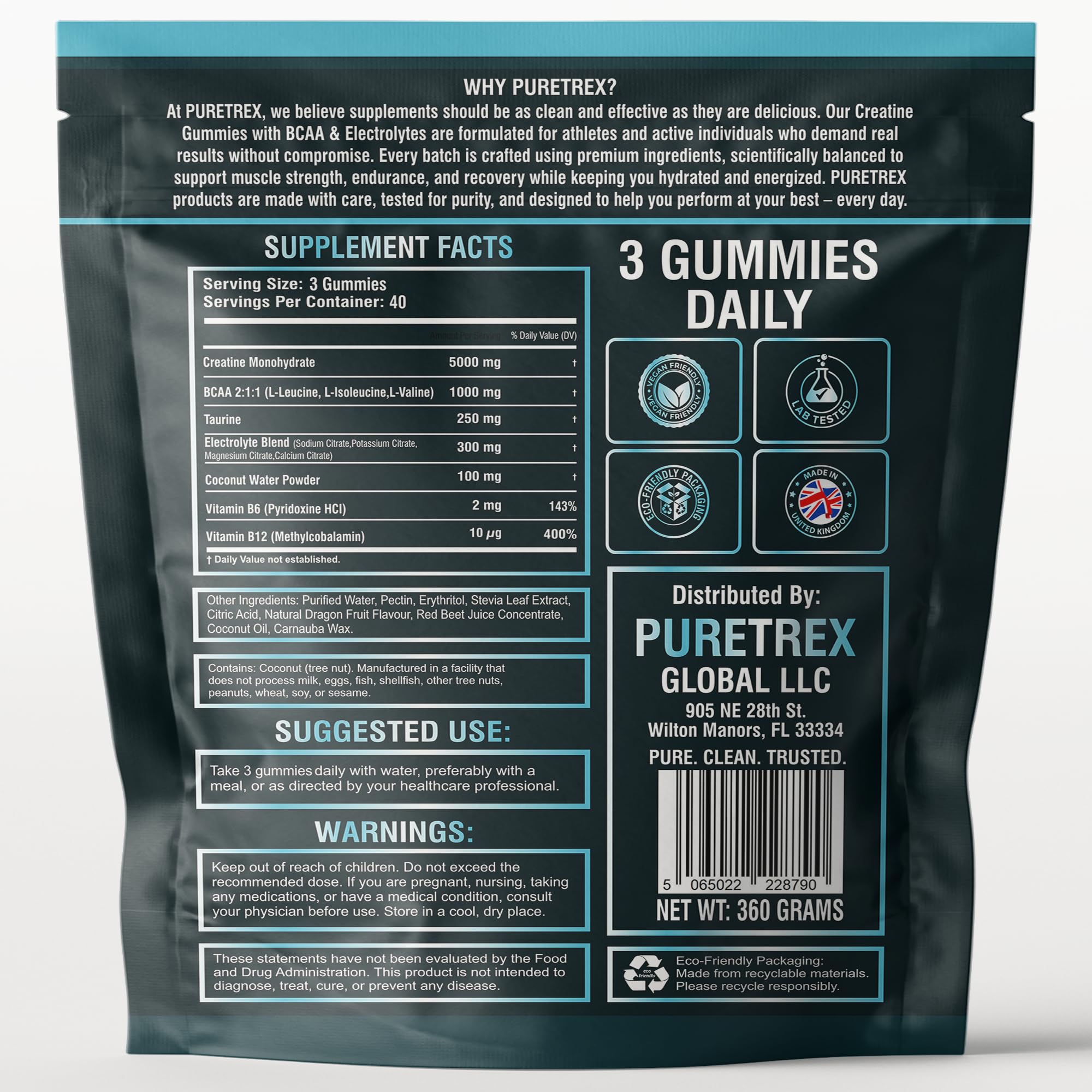 PURETREX Creatine Gummies daily-use pack highlights hydration-friendly formula.