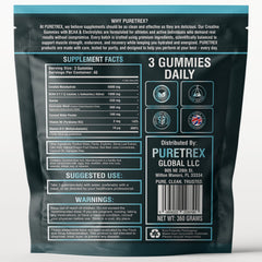 PURETREX Creatine Gummies daily-use pack highlights hydration-friendly formula.