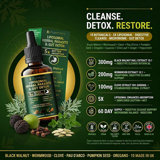PURETREX Liposomal Drops pour illustrates fast-acting liquid delivery.