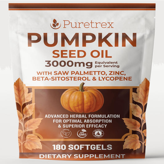 PURETREX Pumpkin Seed Oil Complex bottle showing high-strength daily support.