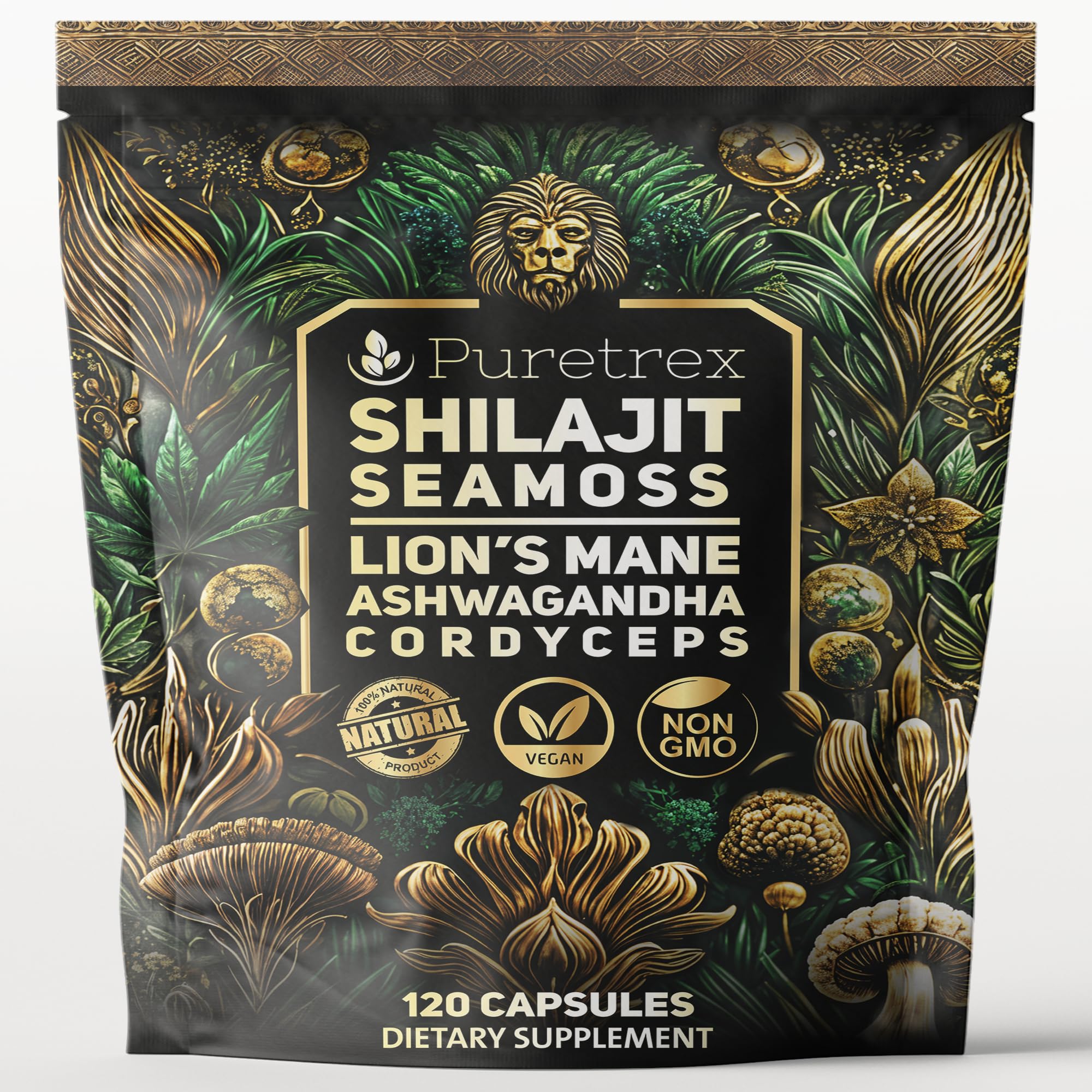 Puretrex Shilajit-Seamoss capsules bottle showing vegan energy support.
